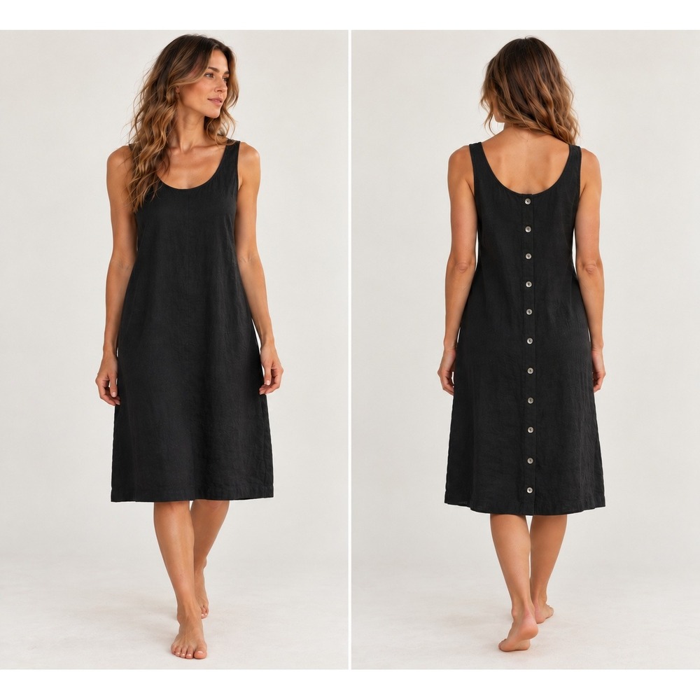 Black Sleeveless Midi Dress Scoop Neck Back Button Mother Of Pearl Linen Capsule
